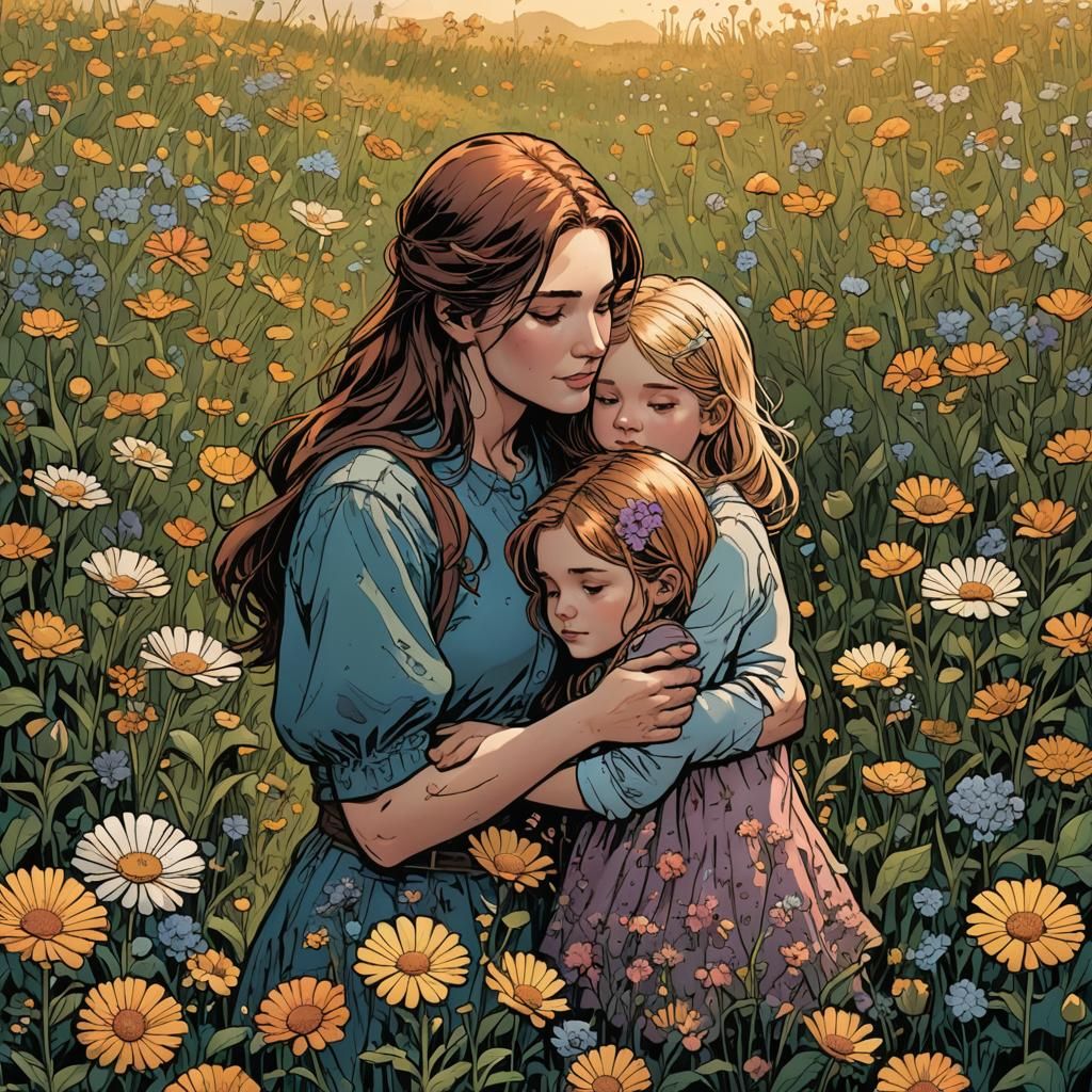 Mother and Daughter Embrace in Floral Comic Art