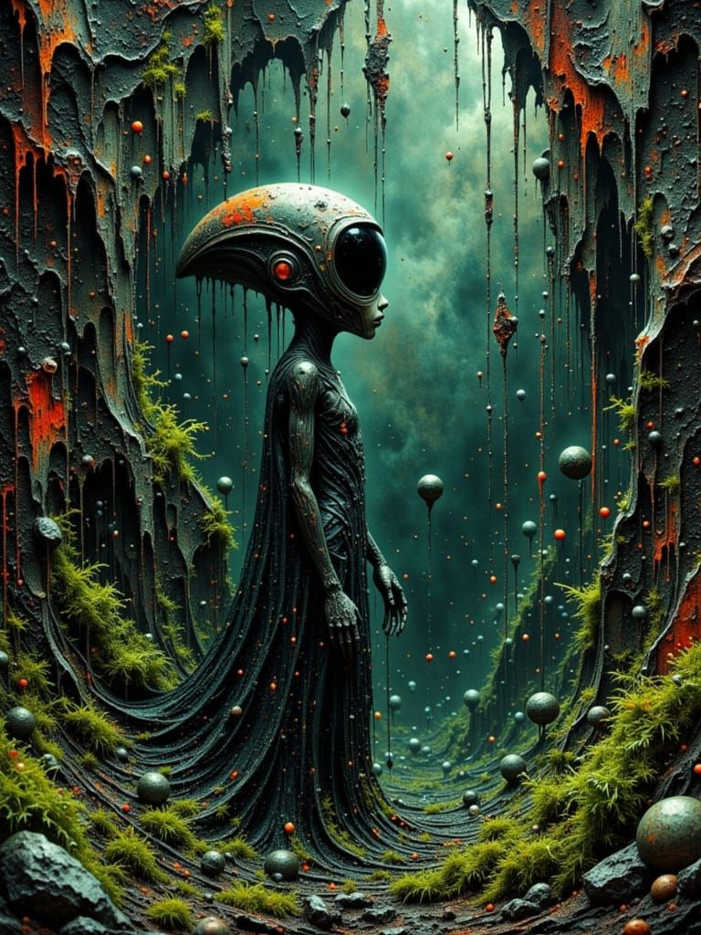 Surreal Cosmic Invasion in Vintage Sci-Fi Style