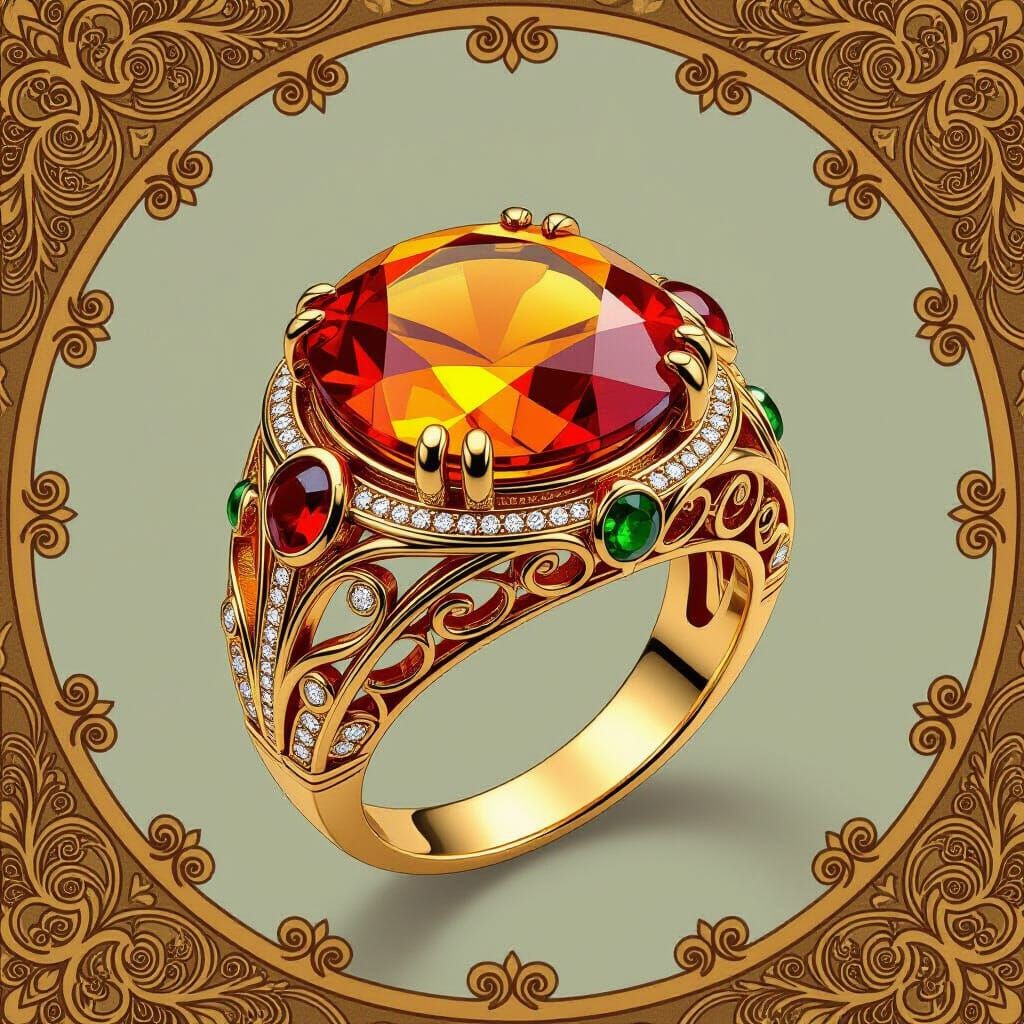 Golden Amber Ring in Art Nouveau Style