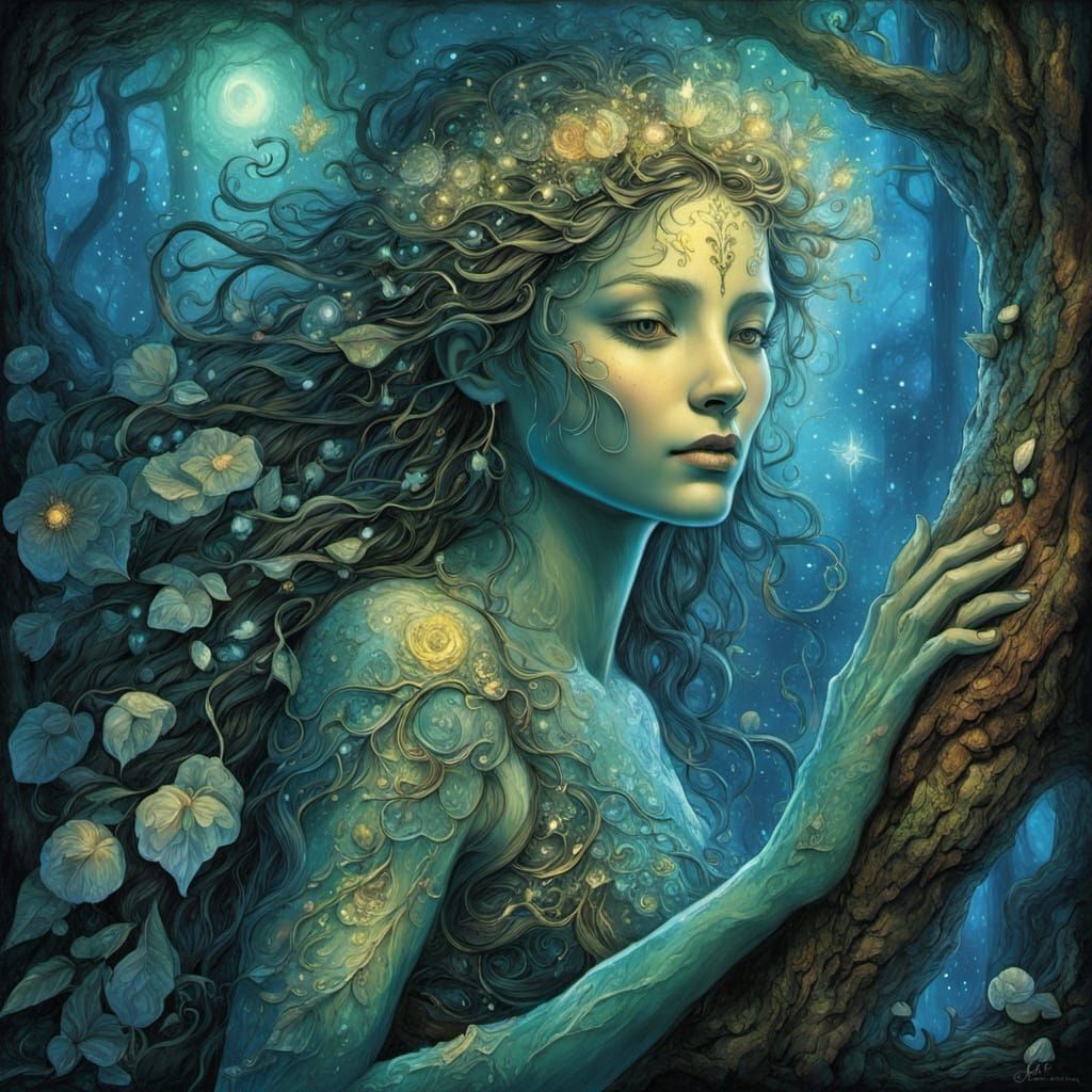 Dryad Emerges from Ancient Tree in Fantasy Art