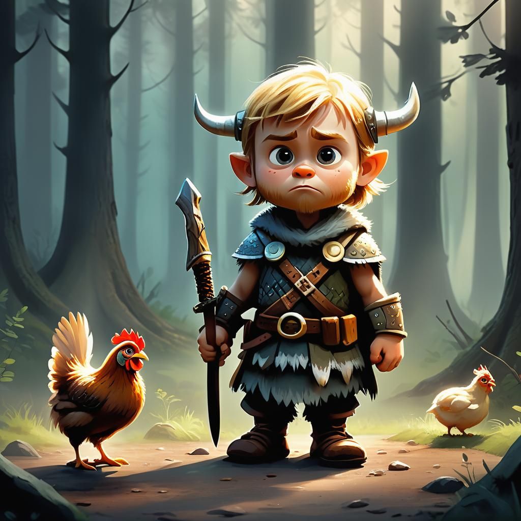 Cute Viking Warrior with Chickens, Pixar-style 3D Art