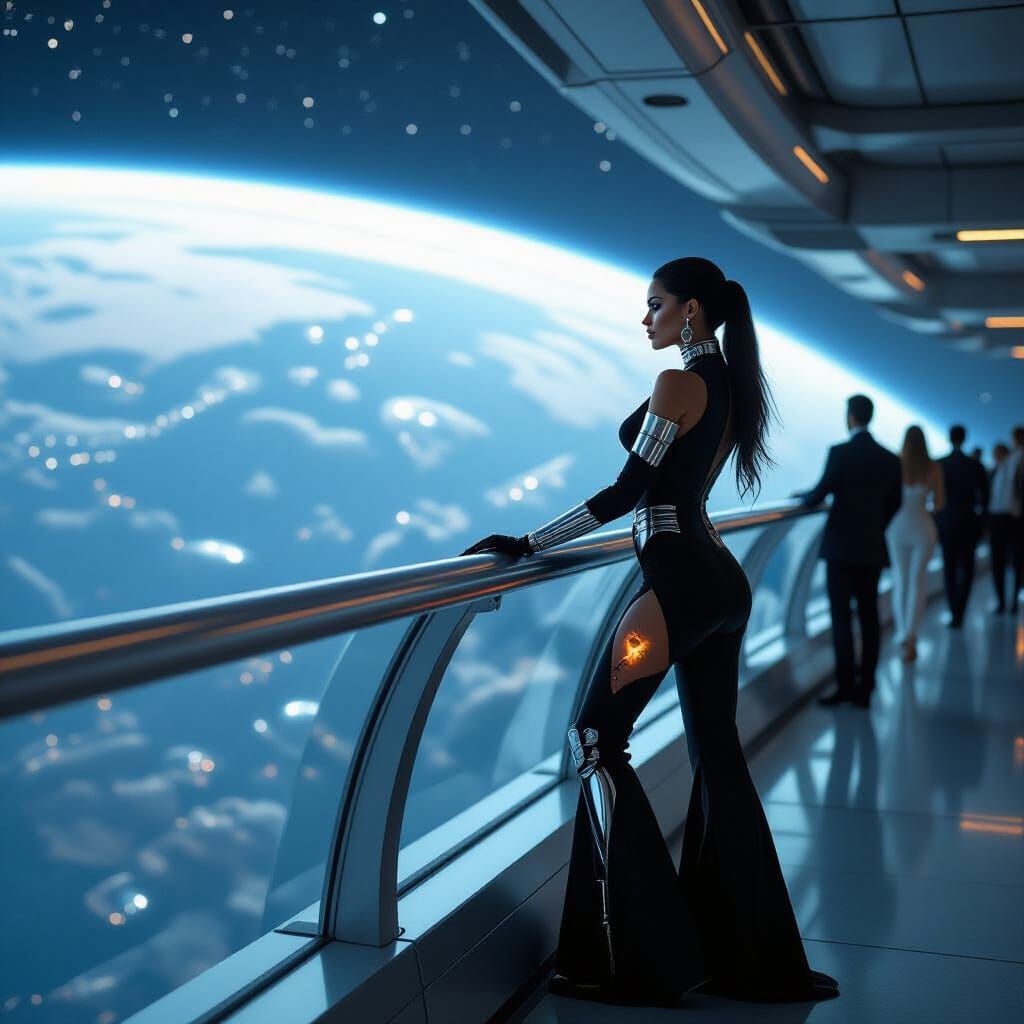 Woman on Orbital Station Promenade in Cyberpunk Style