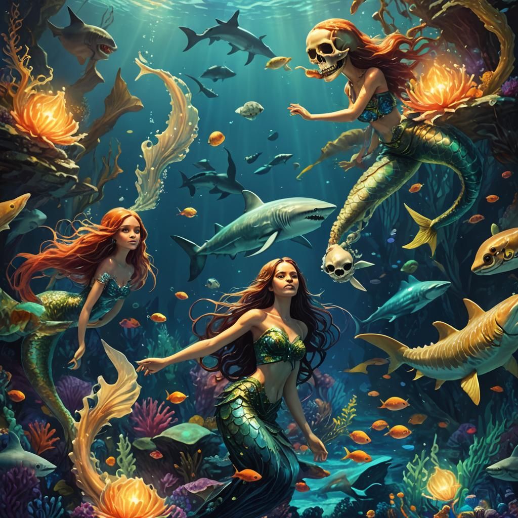 Mermaids Swimming with Sharks in Oil Painting Style
