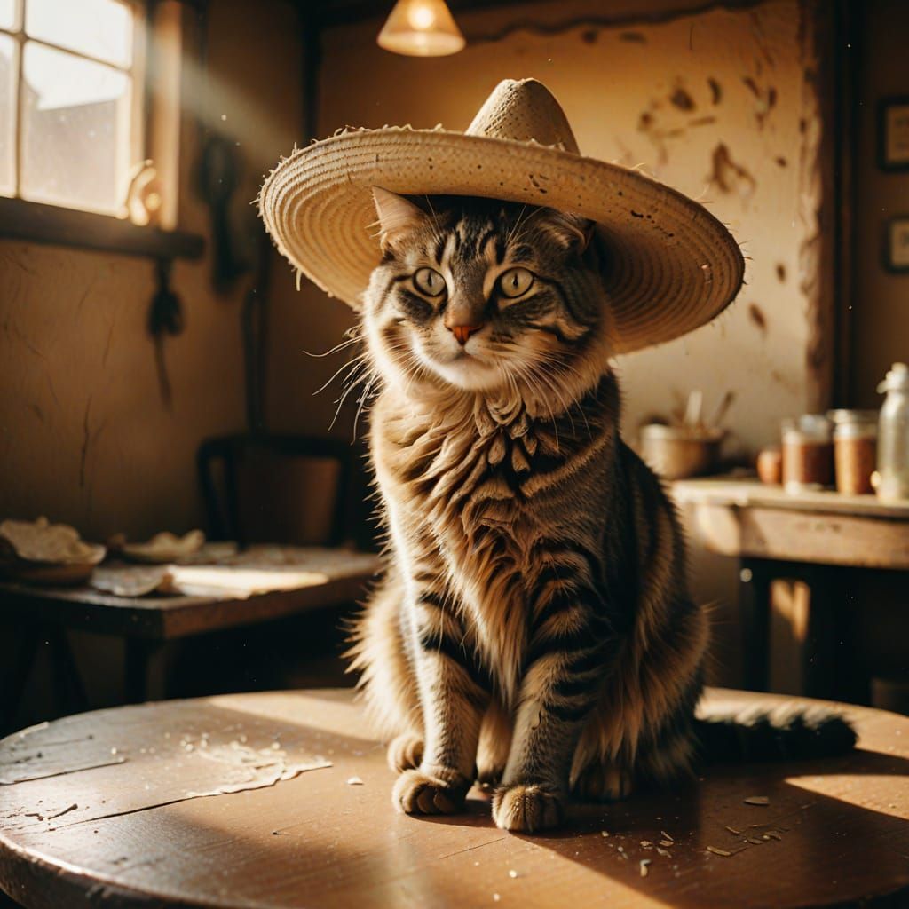 A slightly disheveled cat sitting alone at a small table in a dusty cantina, wearing an oversized sombrero that casts a ...
