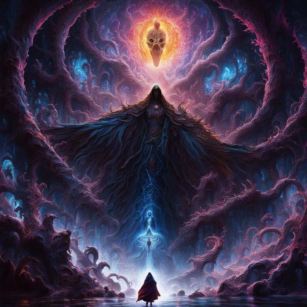 Enigmatic Figure Adrift in Vibrant, Swirling Void