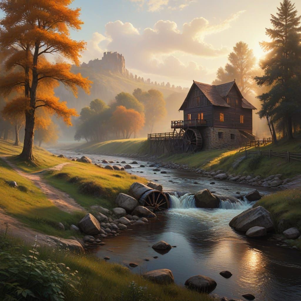 Impressionist Masterpiece of a Sunset River Scene with Old M...