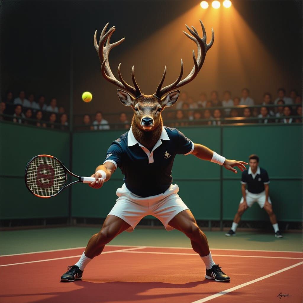 Surreal Stag in 1930s Tennis Attire, Oil Painting