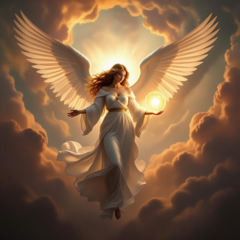 Angel Descends from Nebula in Renaissance Style