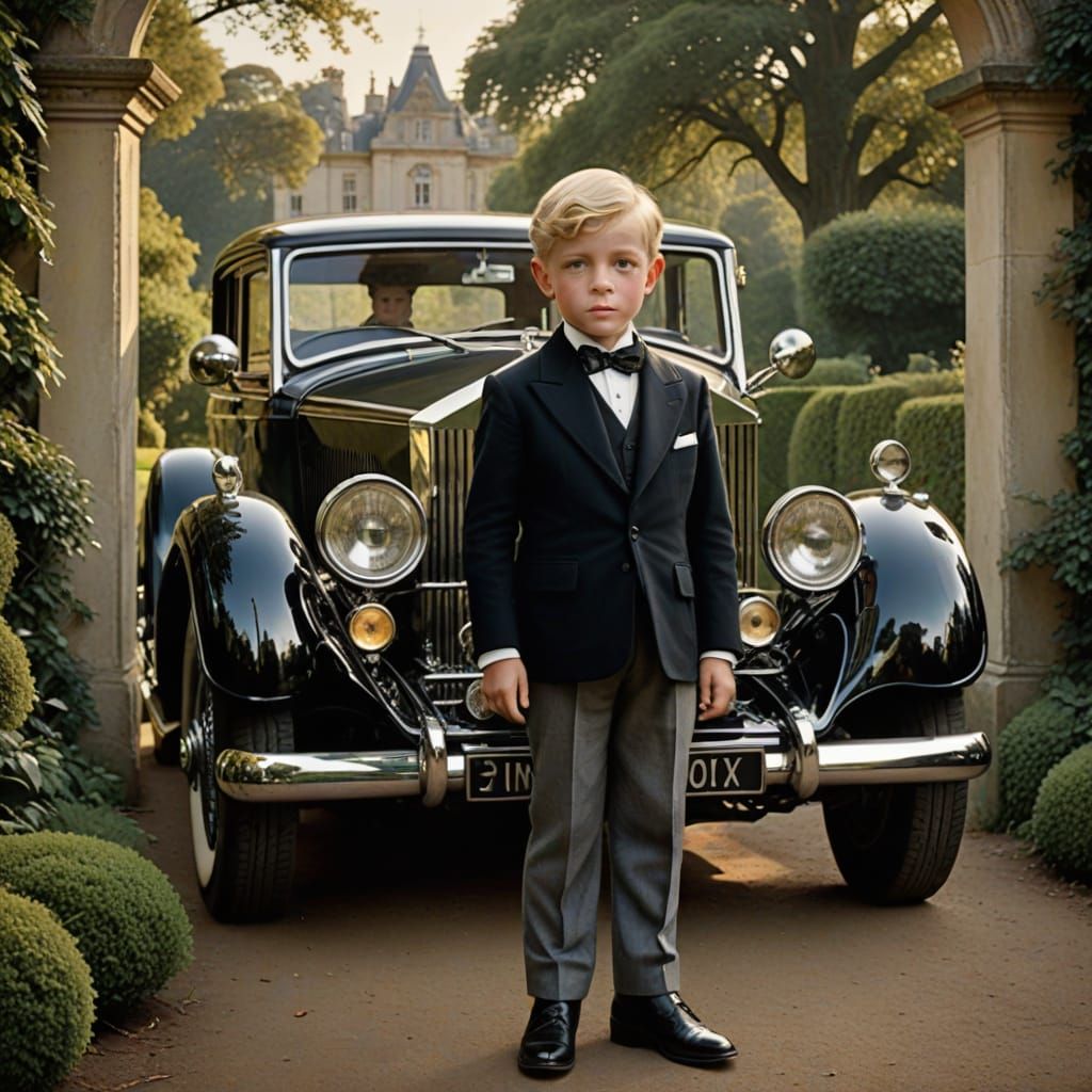Miniature Baron Stands Proud Beside Vintage Rolls Royce Roya...