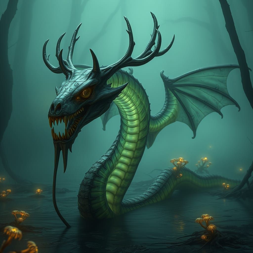 Bioluminescent Serpent in Mist-Choked Swamp