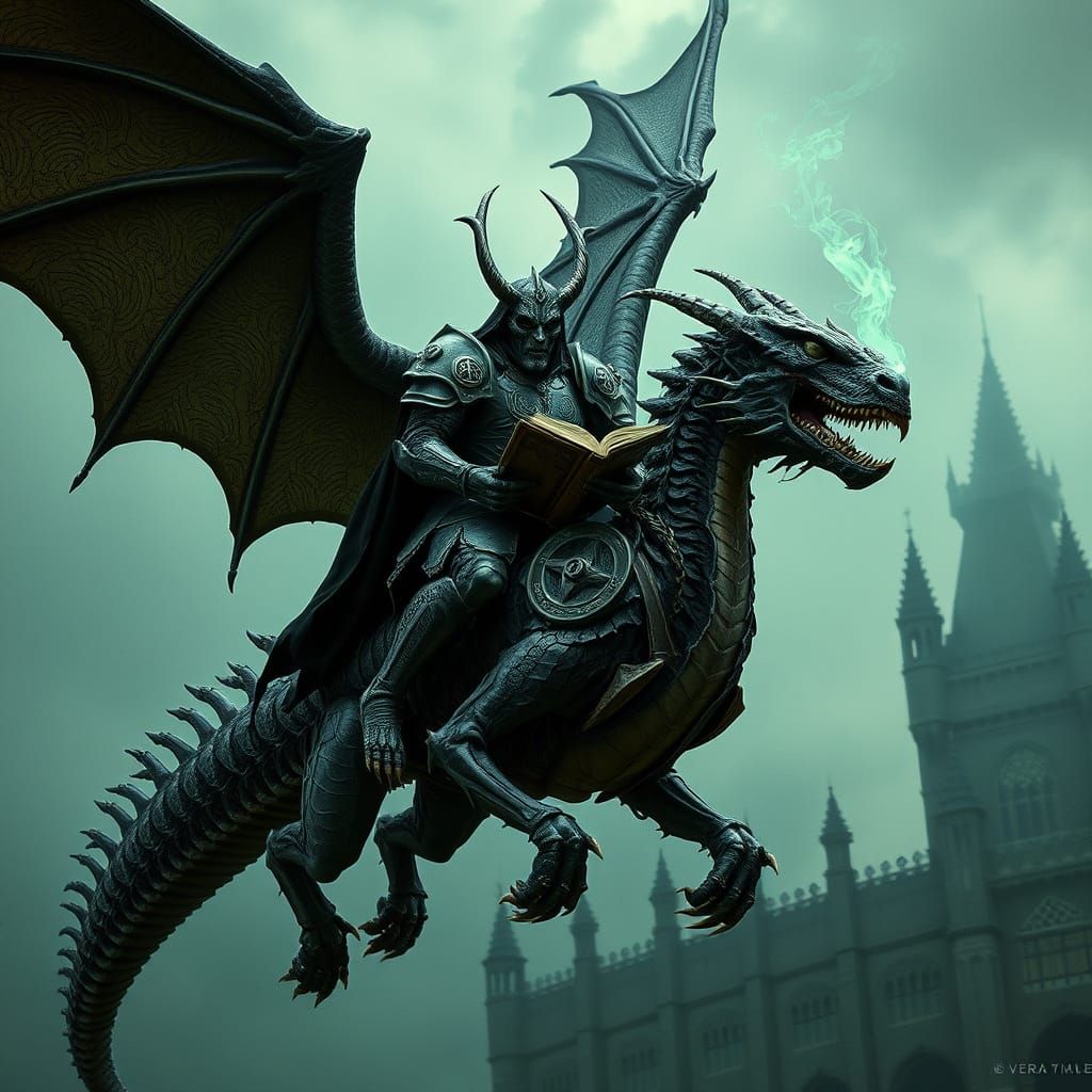 Winged Demon Rides Undead Dragon in Gothic Armor