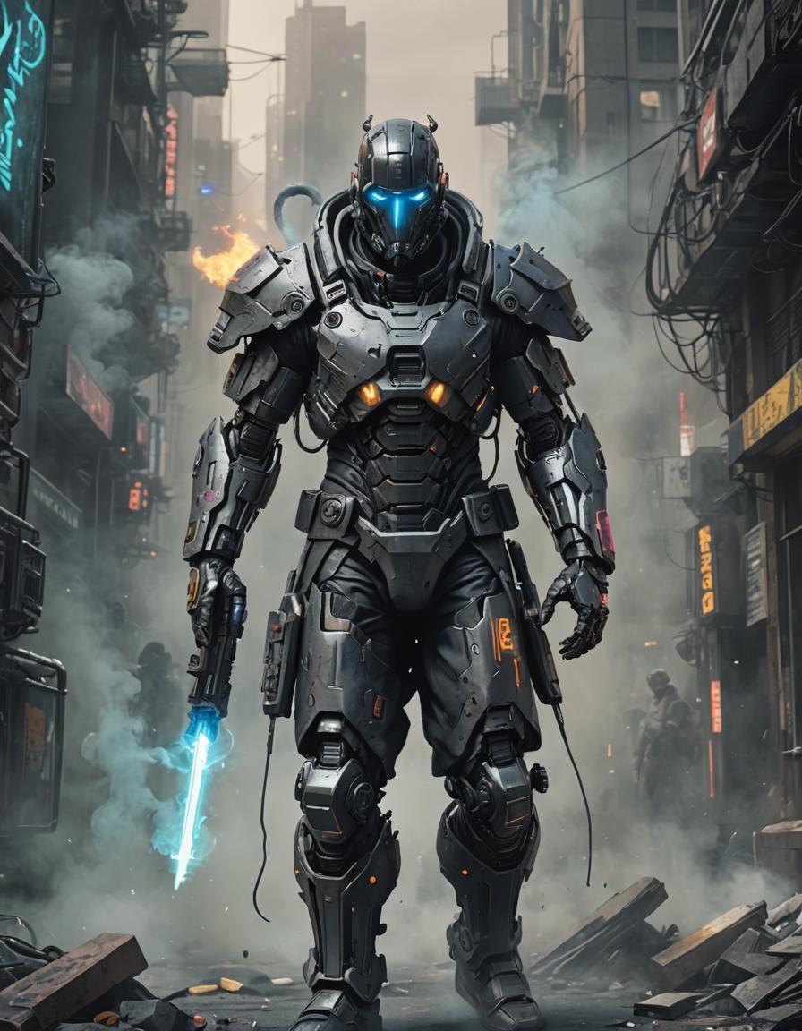 Cyberpunk Crusader with Cybernetic Enhancements