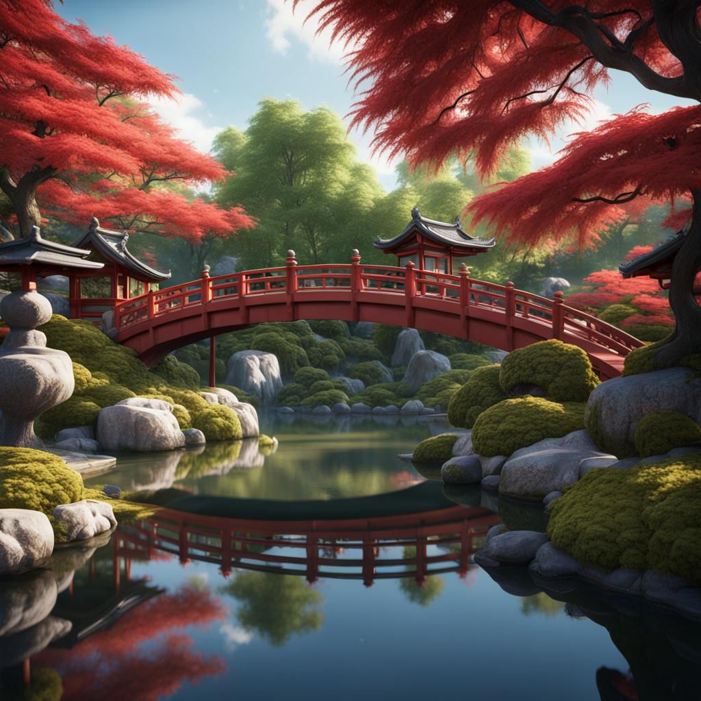 Japanese Garden with Maples and Bonsai in Matte Painting