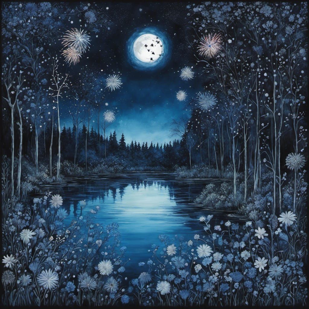 Gothic Forest Lake Fireworks in Tim Burton Style