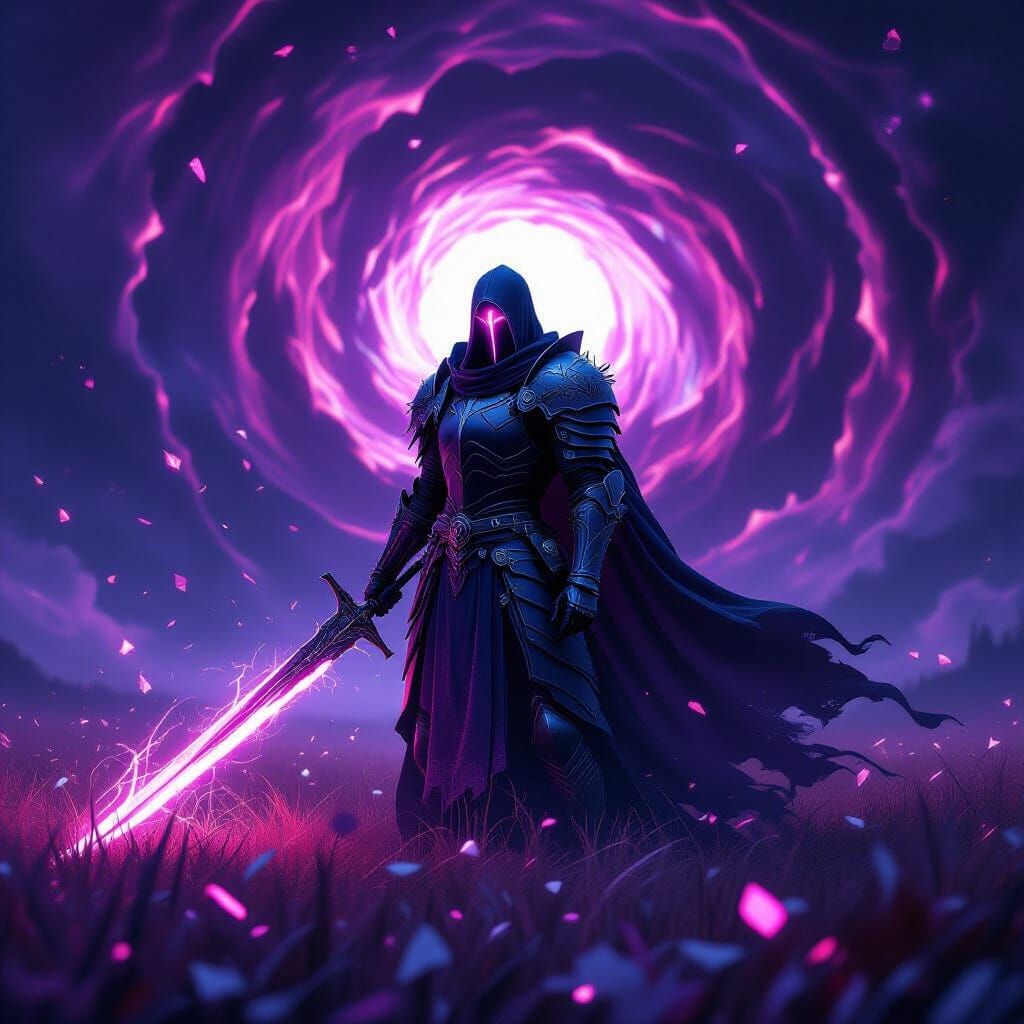 Ethereal Knight in Obsidian Armor with Glowing Sword