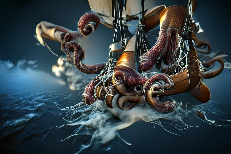 Kraken Attack on Sailing Ship: Hyperrealistic Art