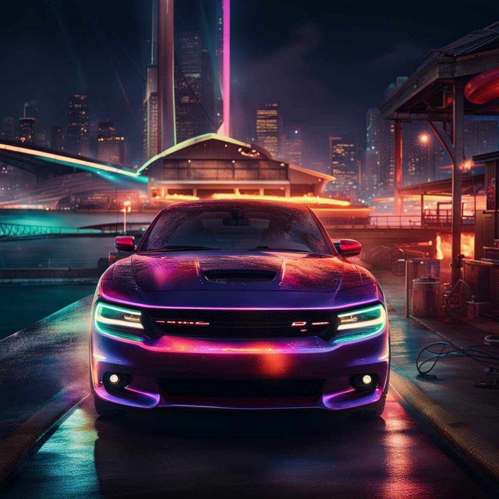 Dodge Charger Art with Neon Lights in 8K