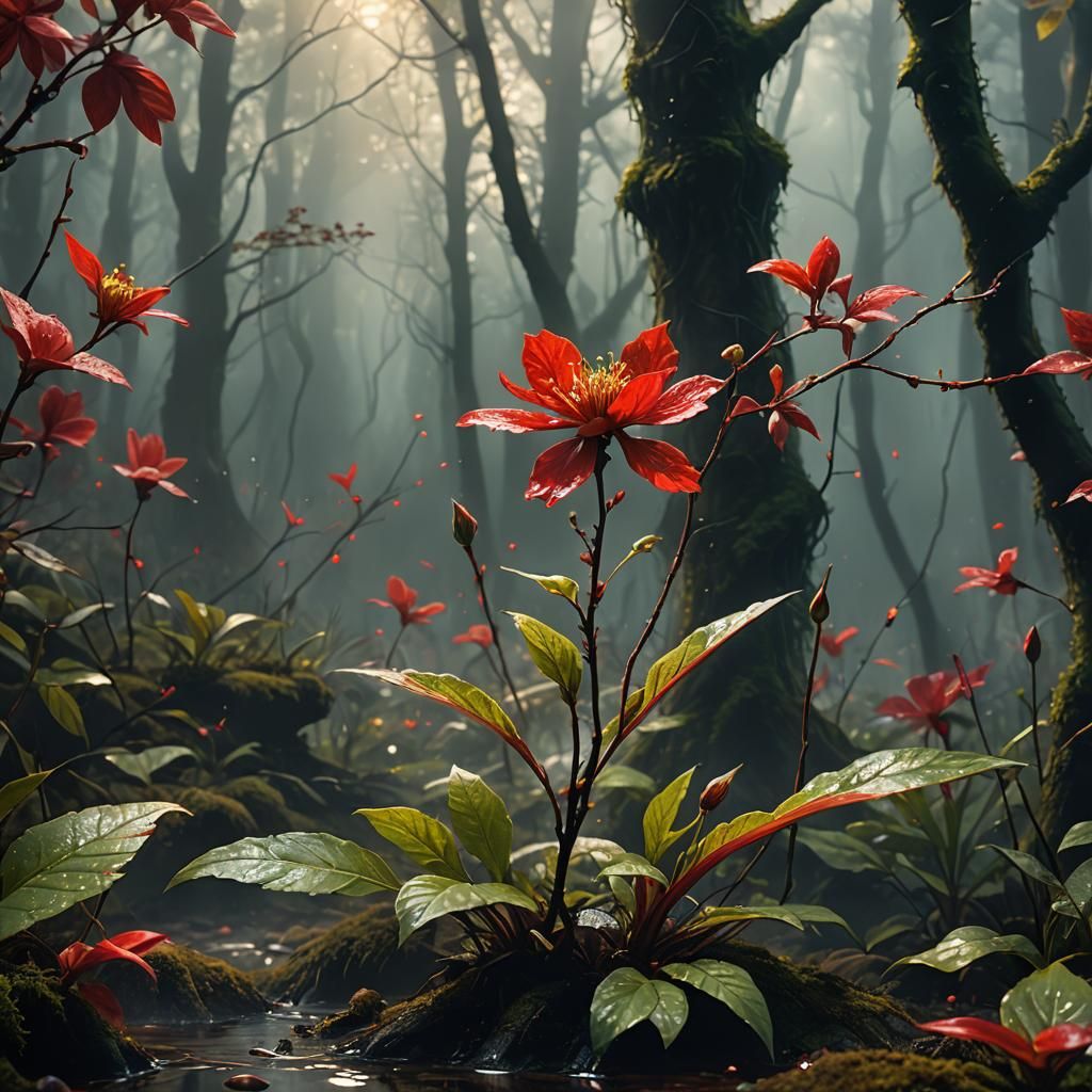 Delicate Red Blossom Unfurls in Misty Forest