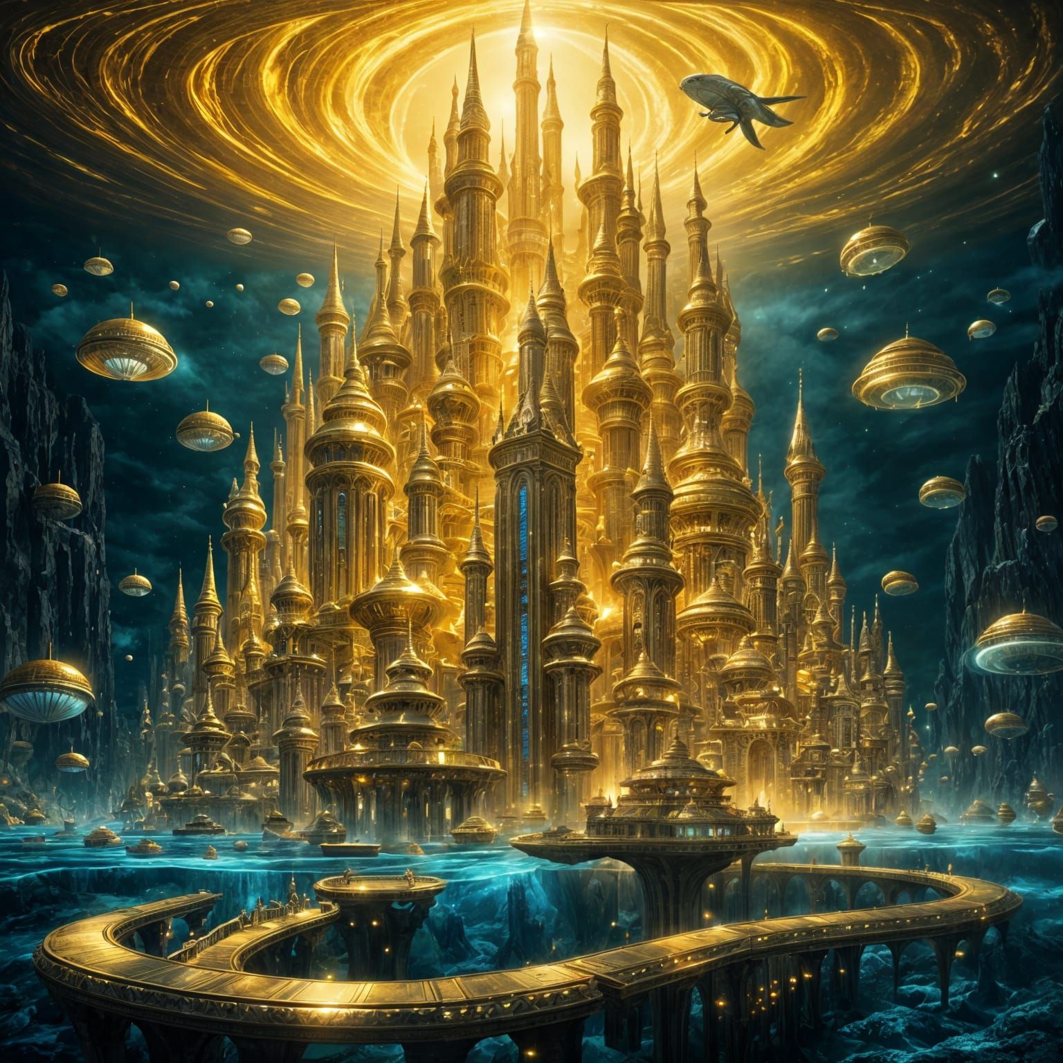 <lora:Splacelord flux:1.0> <lora:Celebrate 2:1.0> A magnificent golden city rises from the depths of the abyss, glowing ...