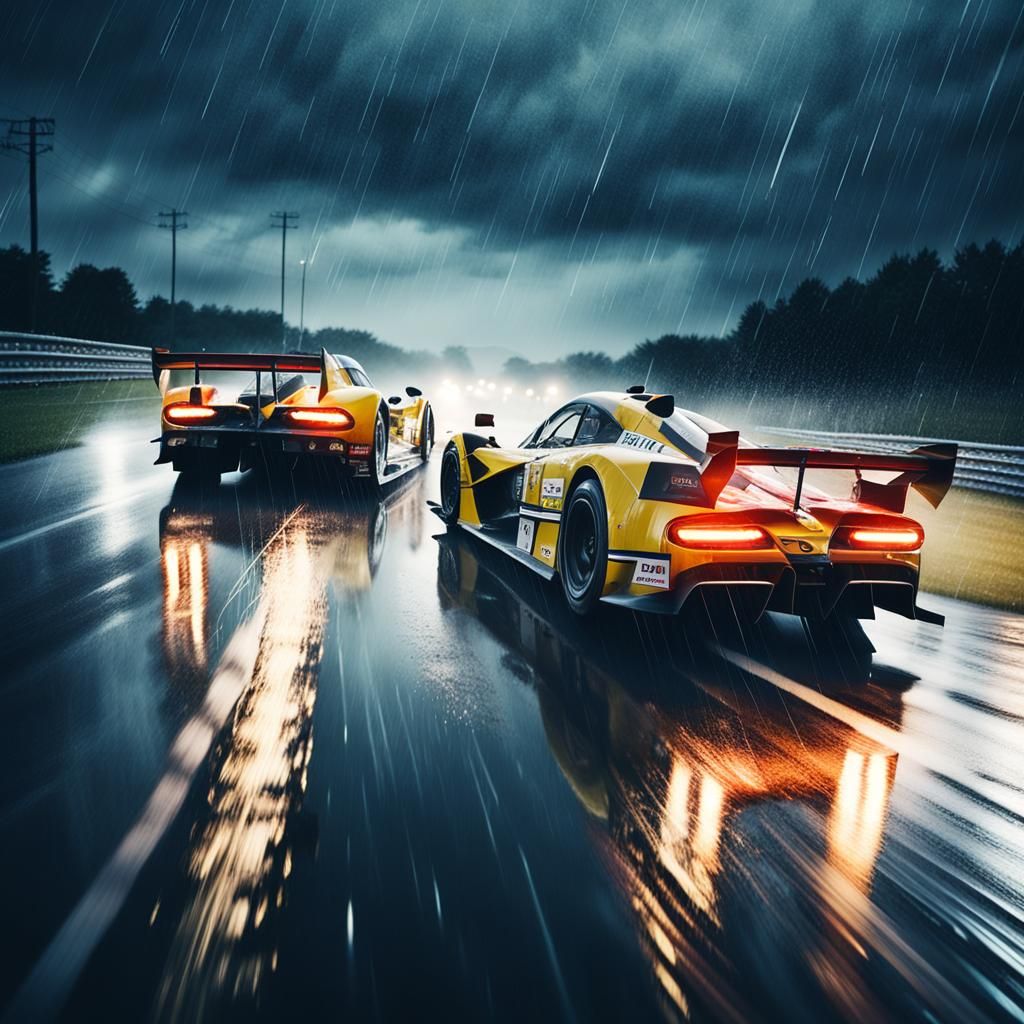 Racing Cars in Double Exposure on Stormy Track