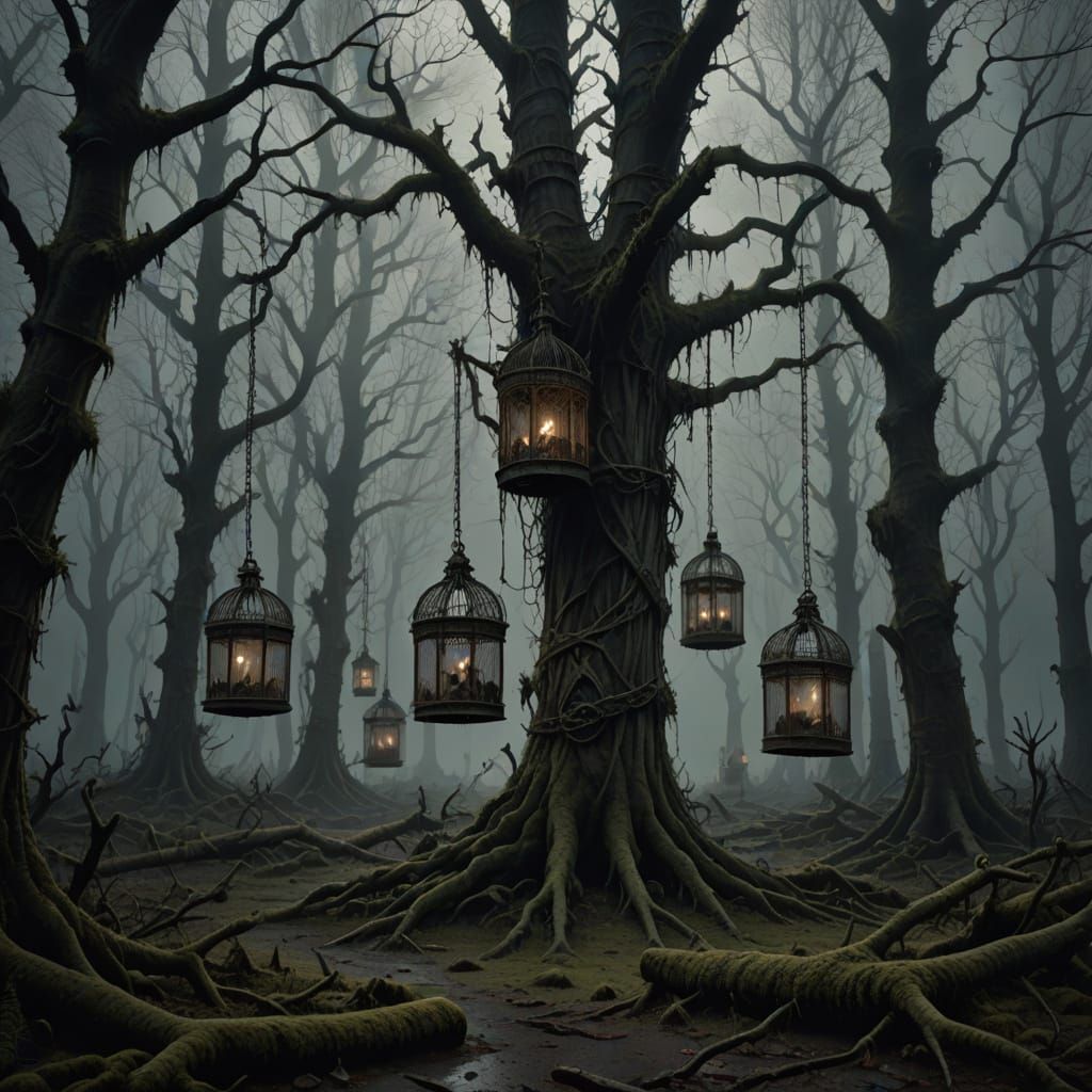 Old wooden birdcages hanging from twisted trees in a foggy h...