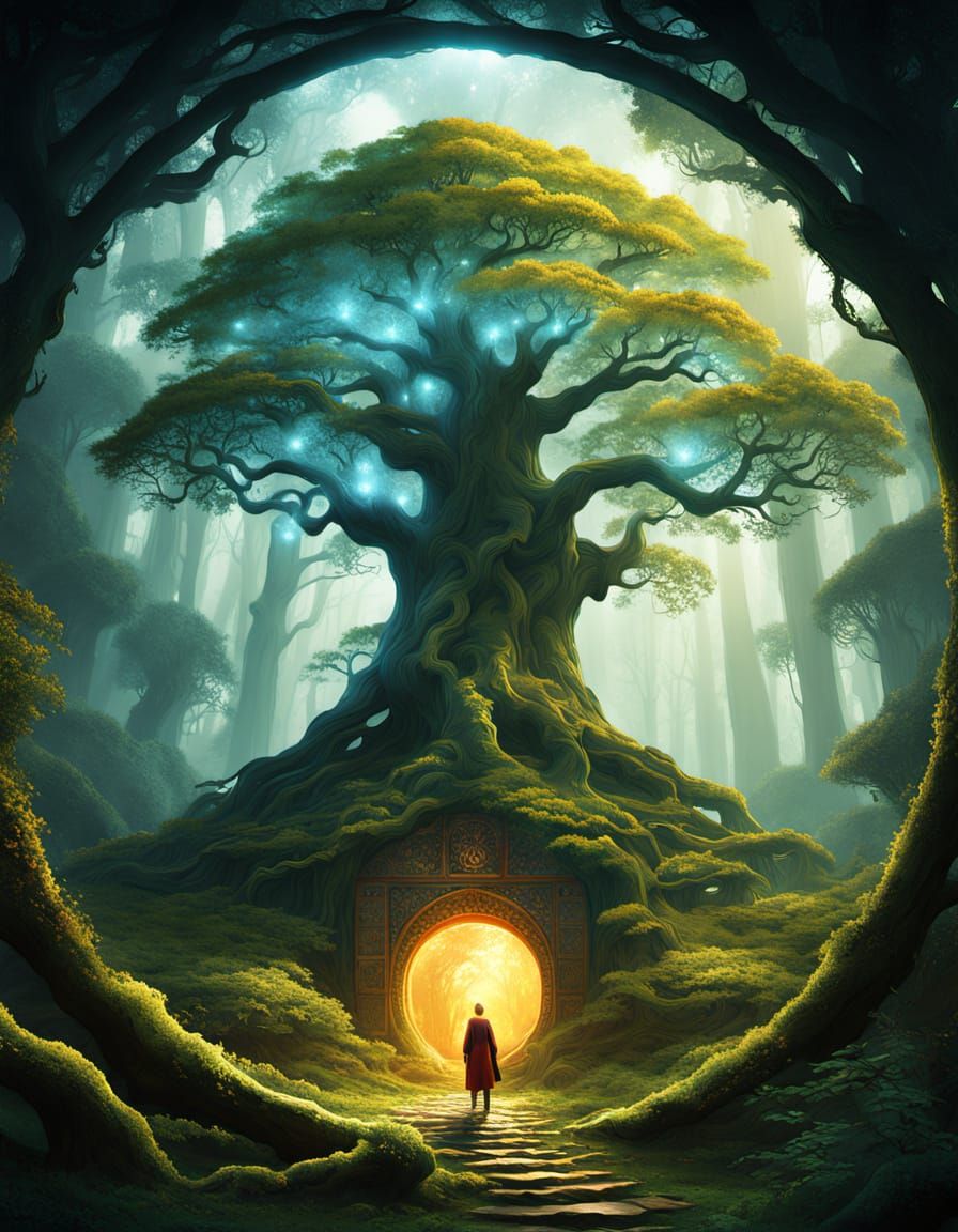 Ancient Oak in Glowing Circle: Mystical Fantasy Scene