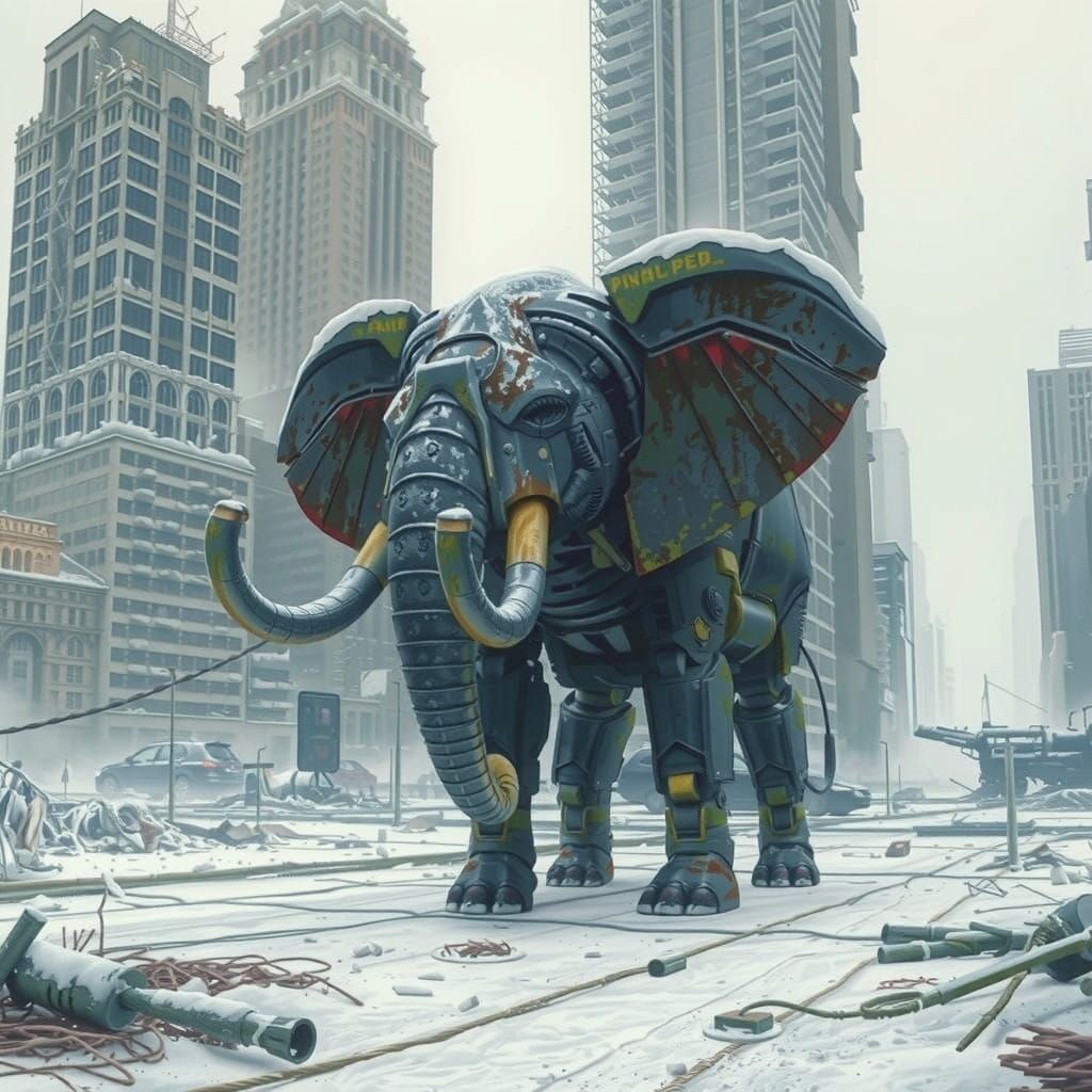Robot Elephant Trudges Through Post-Apocalyptic Winter Ruins