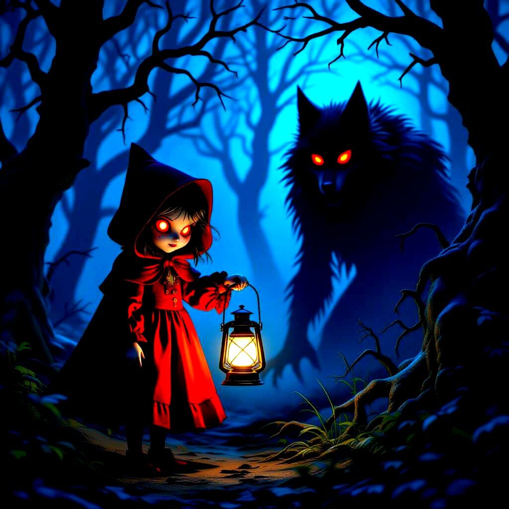 Sinister Little Red Riding Hood in Dark Forest
