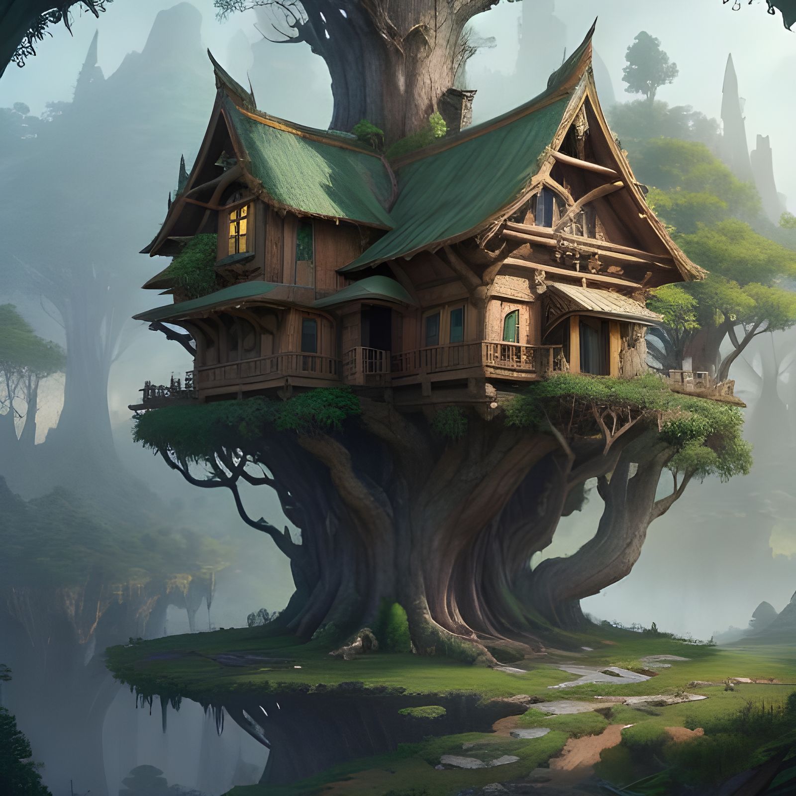 Fantastical Treehouses in Detailed Matte Painting Style