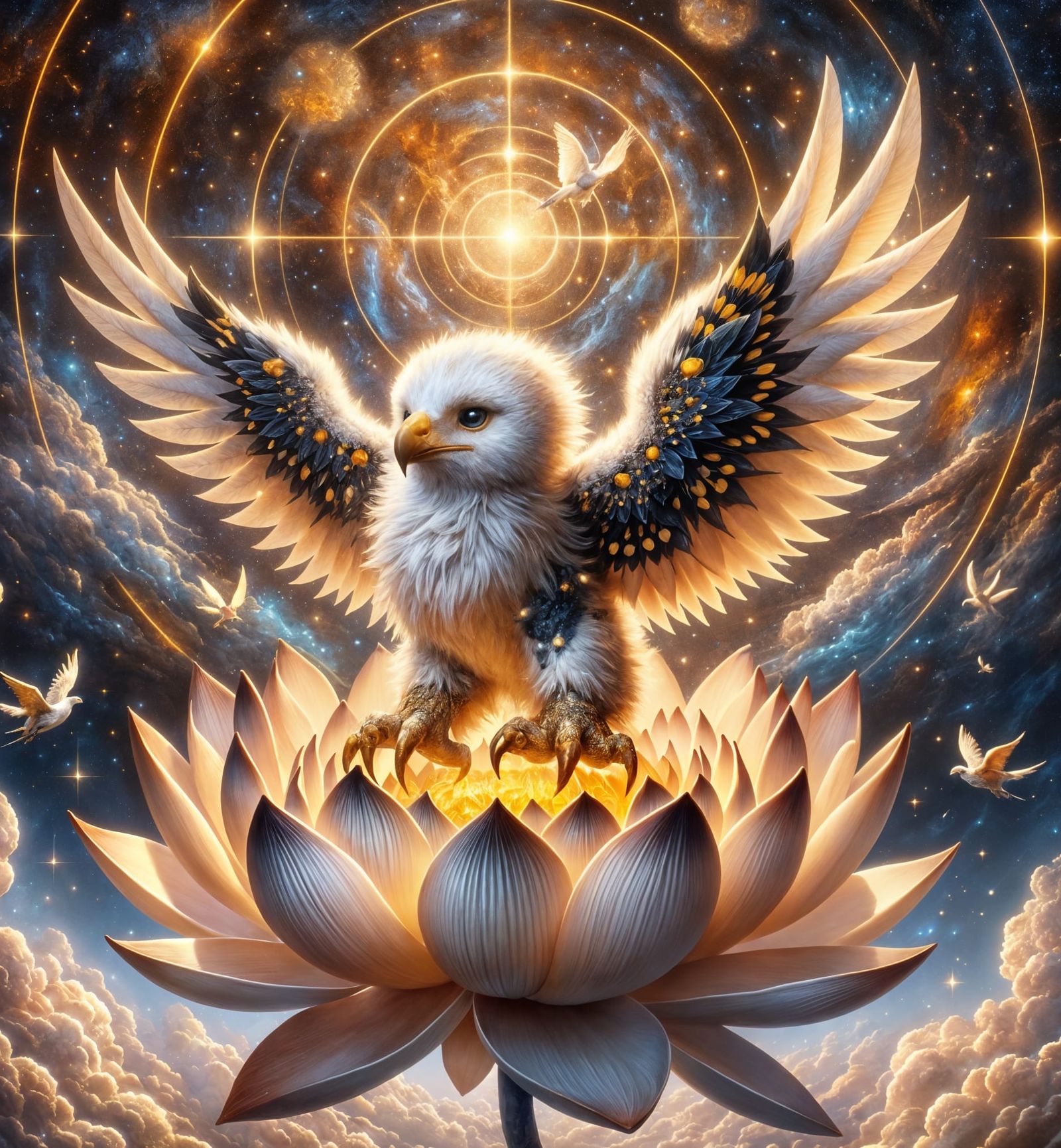 Baby Griffon Emerges from the Lotus Flower Blossom