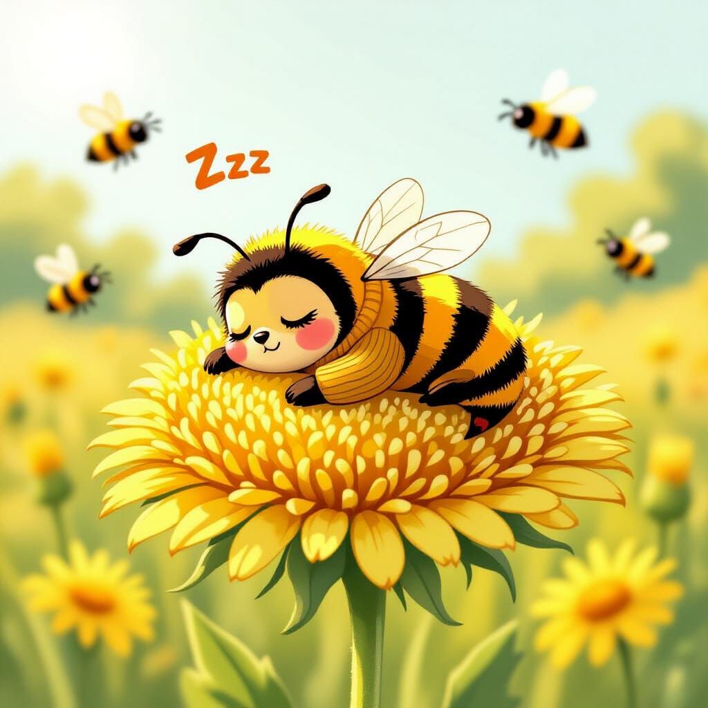 Sleepy Bumblebee in Sunny Meadow, Watercolor Illustration