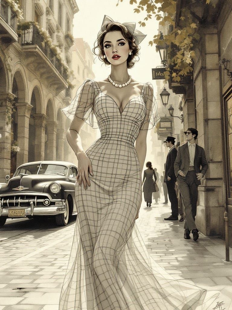 Elegant Woman in Vintage City, Art Nouveau Lines and Waterco...