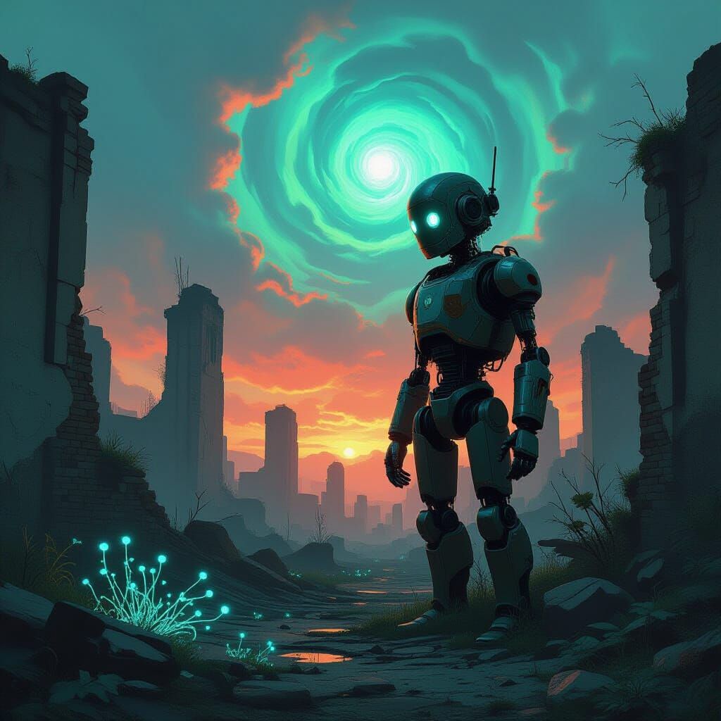 Bioluminescent Ruins: Weathered Robot in Dreamscape