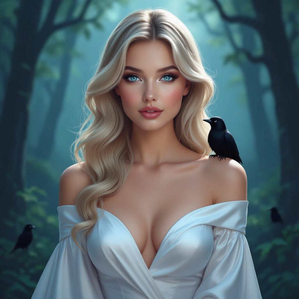 Blonde Woman in White Gown in Dark Forest