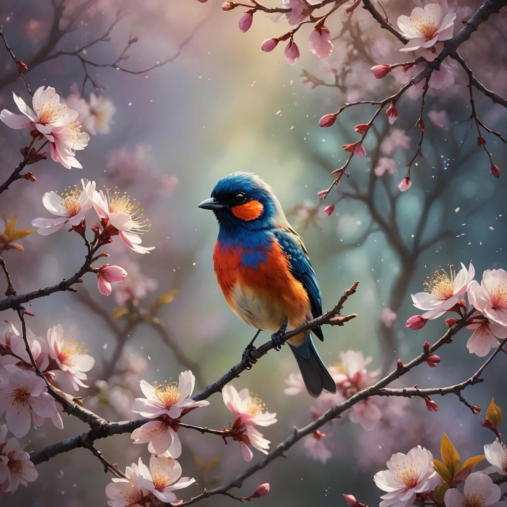 Vibrant Bird on Blossom Branch: Digital Oil Painting
