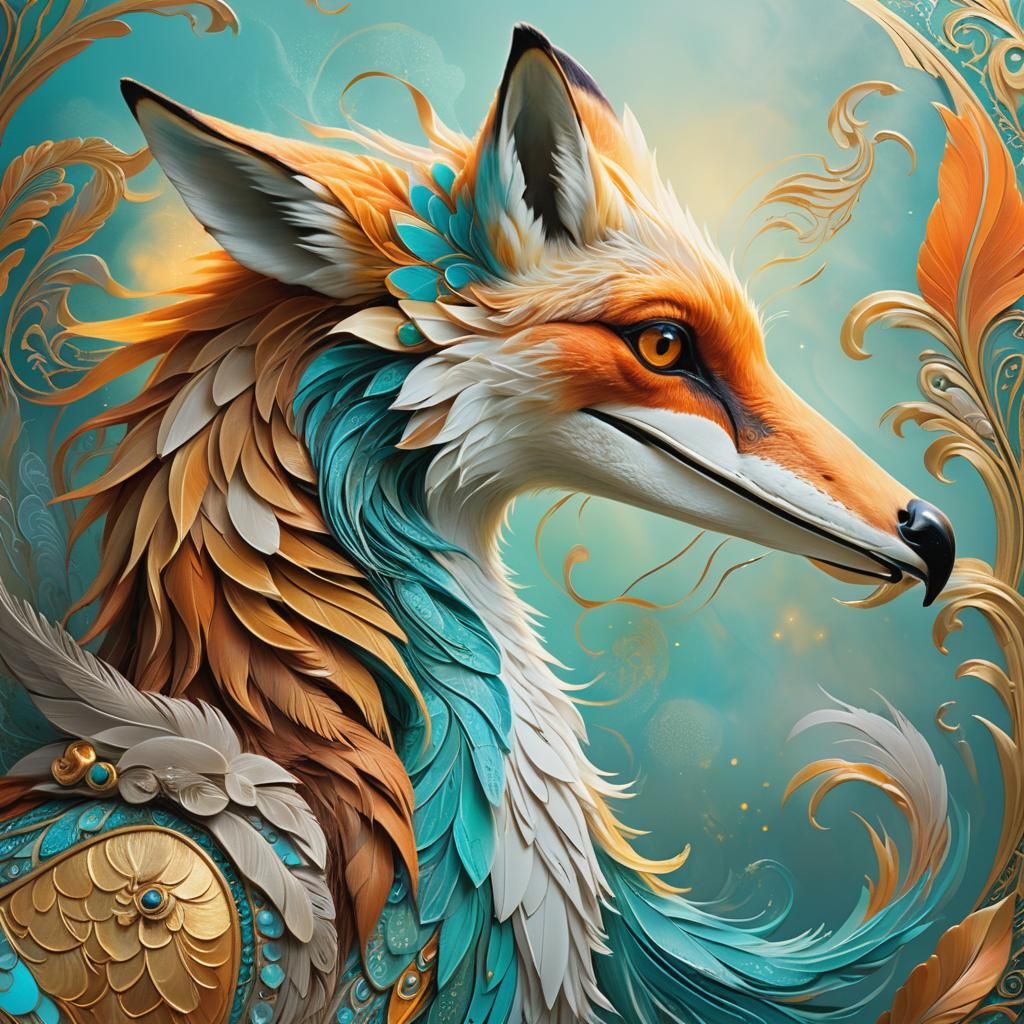 Fox with Pelican Head in Art Nouveau Style