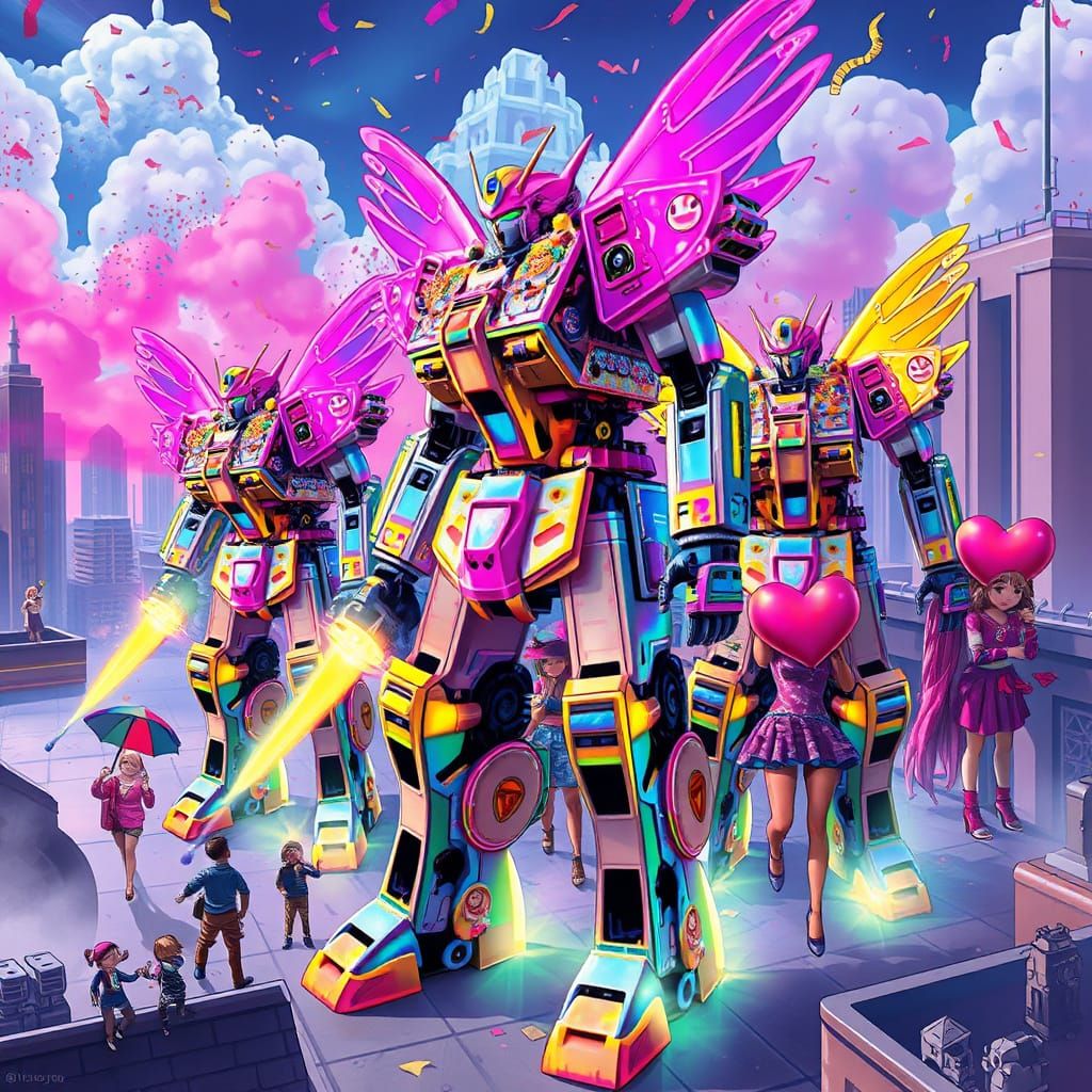 Cyberpunk Mechs Parade Through Technicolor City