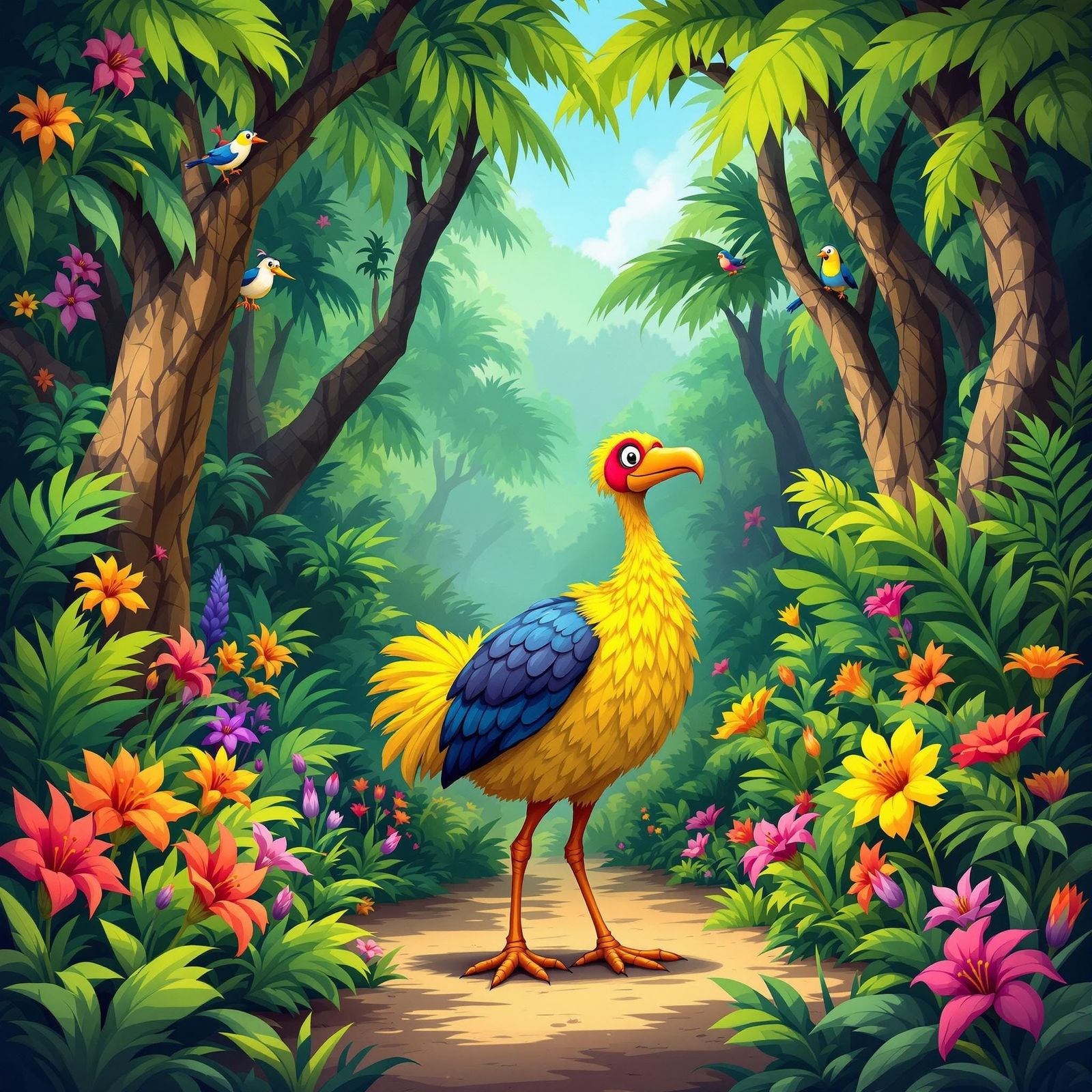 Dodo Bird in Tropical Forest, Cartoon Style