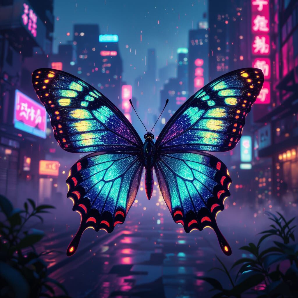 Bioluminescent Butterfly in Cyberpunk Cityscape