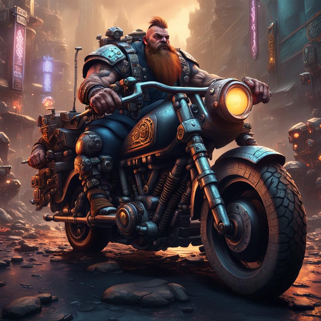 Cyberpunk Dwarf Barbarian Motorcycle Gang