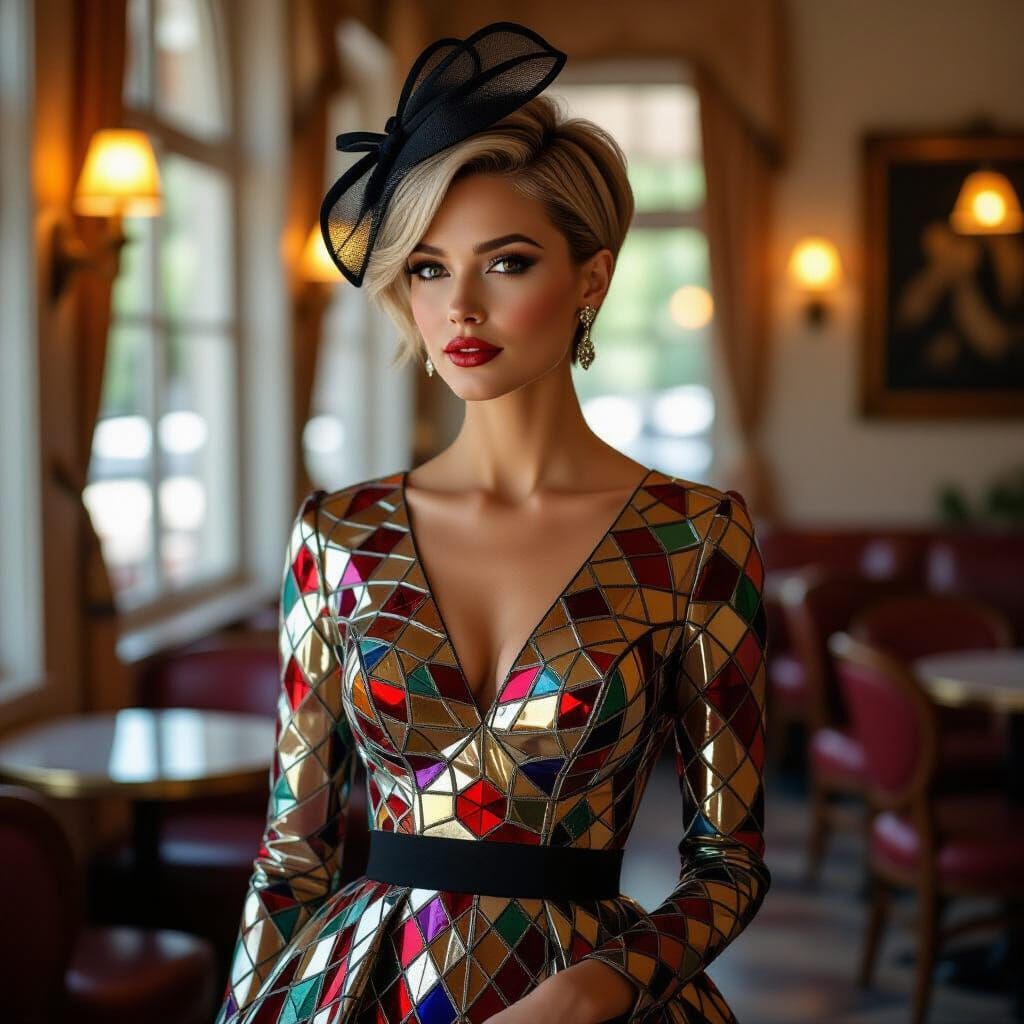 Woman in Stained Glass Dress with Undercut Pixie Cut