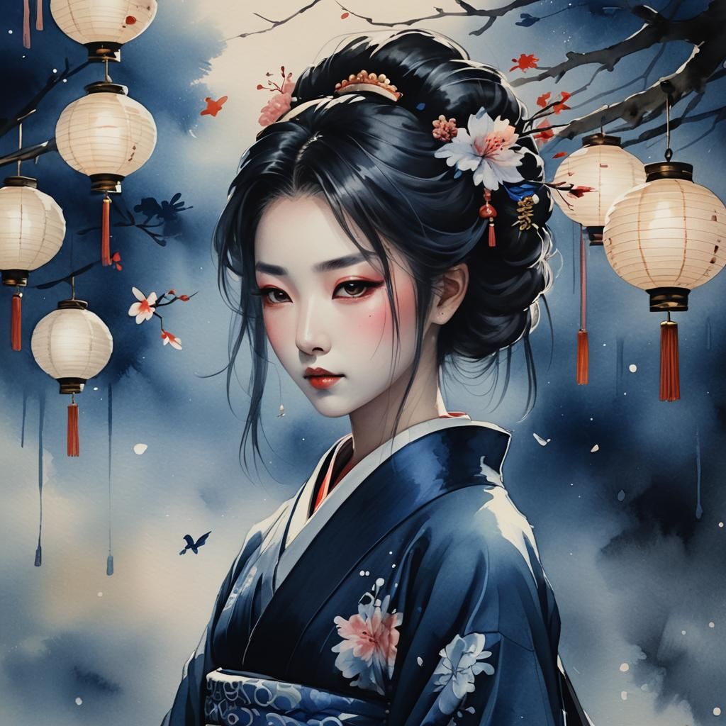 Geisha in Kimono as Watercolor Anime Art