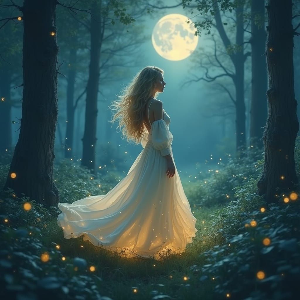 Mystical Forest Glade with a Blonde Witch in a Dreamy Moonli...