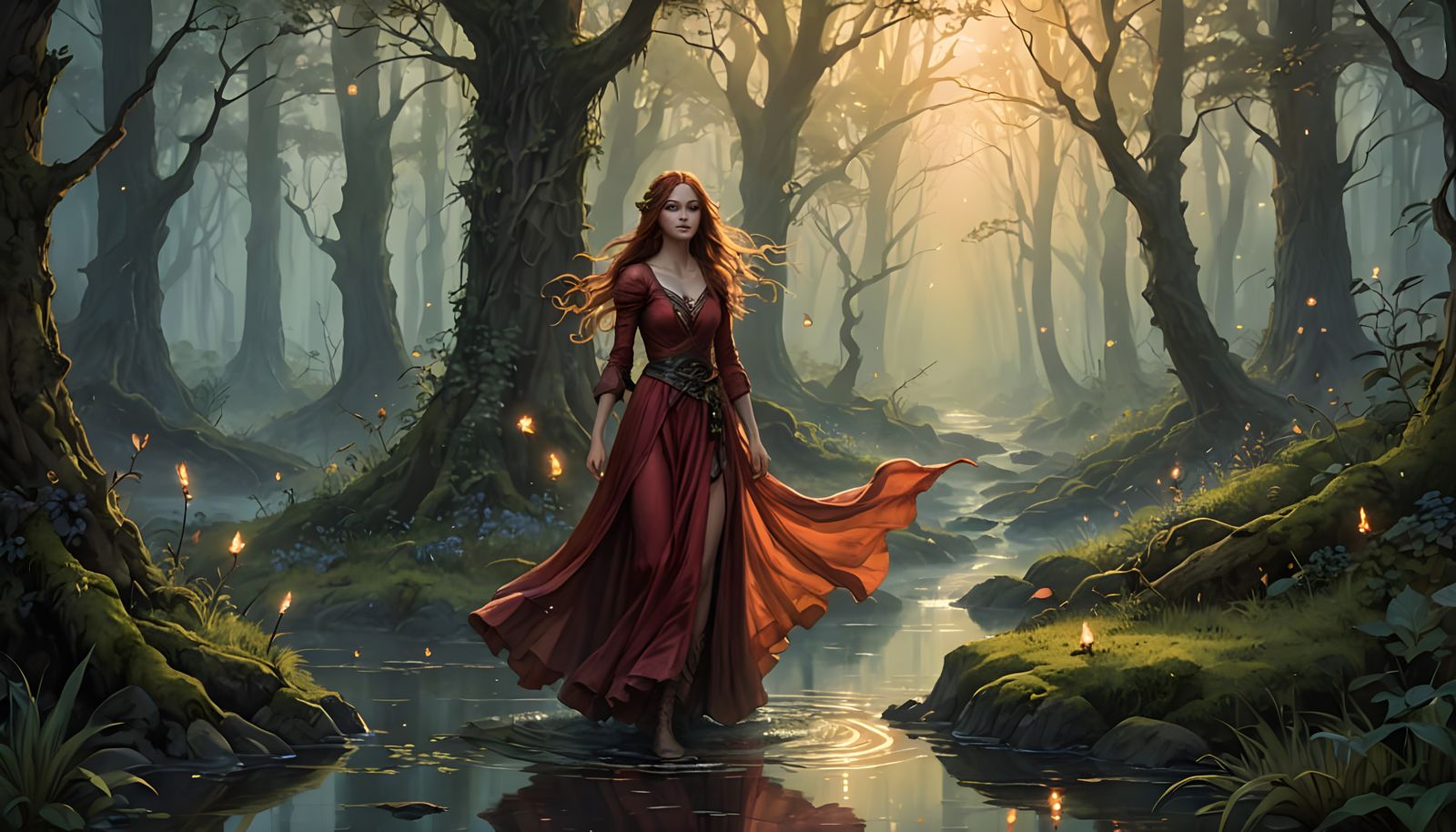 Mystical Queen Eryndra Amidst Enchanted Forest Glows