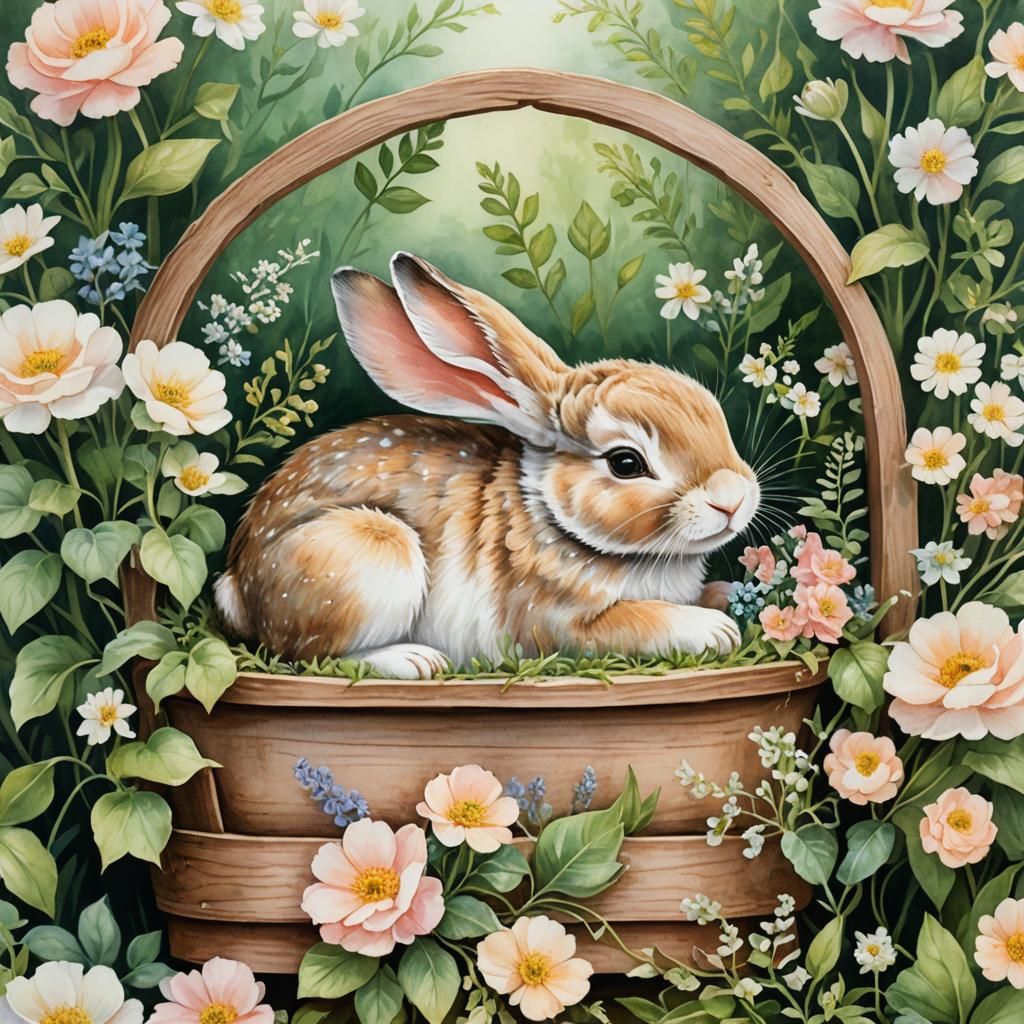 Whimsical Baby Rabbit in Cradle: Watercolor Illustration