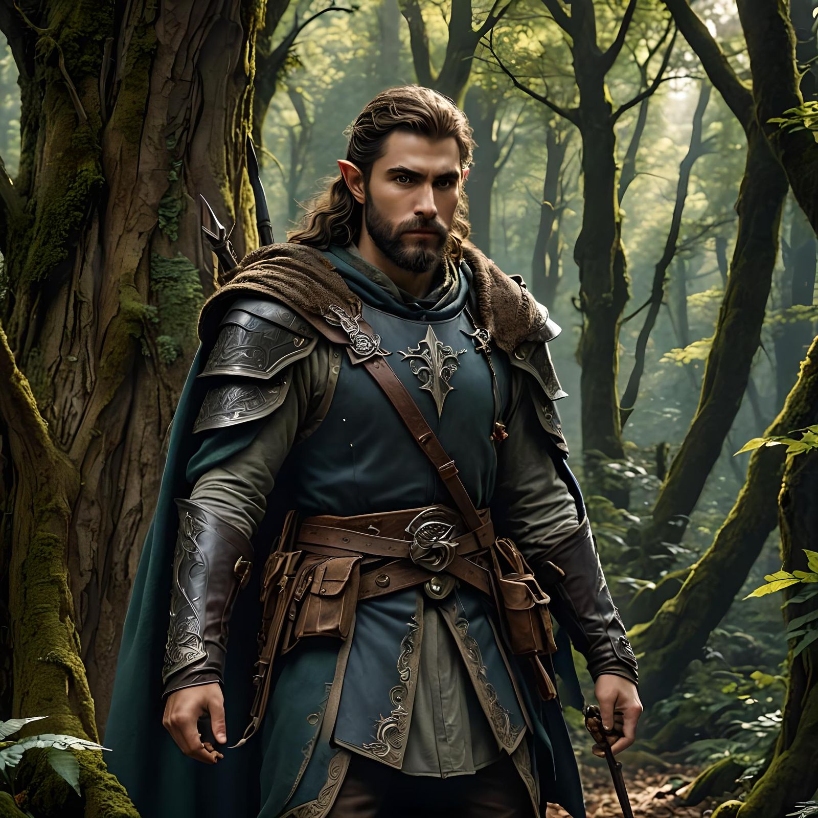 Young Half-Elf Ranger in Forest, Digital Art