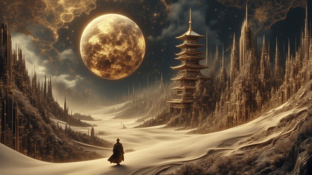 Samurai Warrior Walks Toward Pagoda Fortress