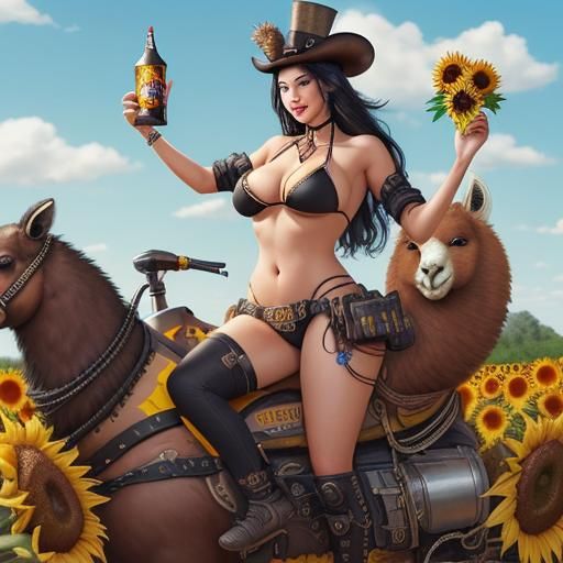 Woman Riding Llama with Steampunk Engine