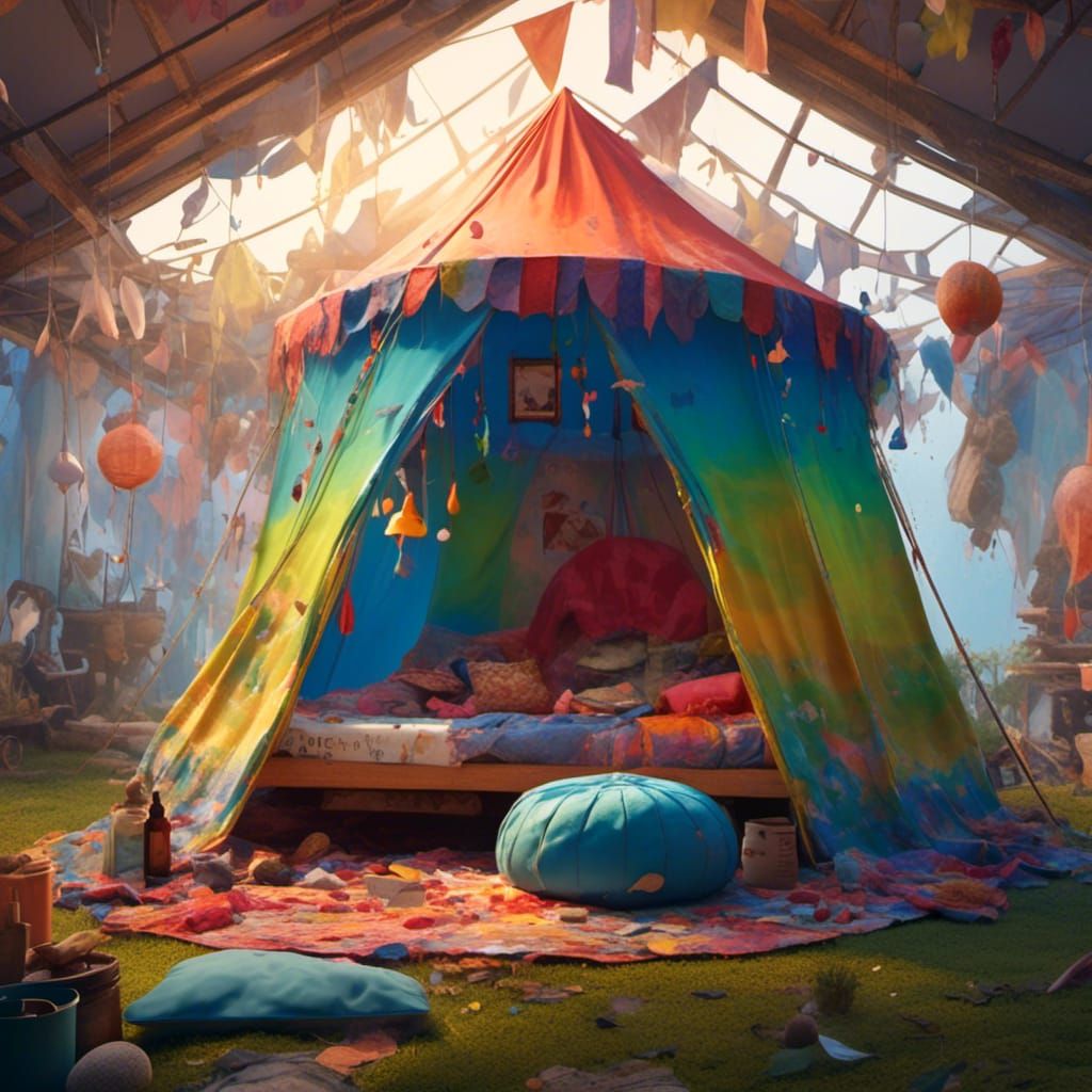 Camping Tent Fortress in Living Room: Hyperrealistic Art
