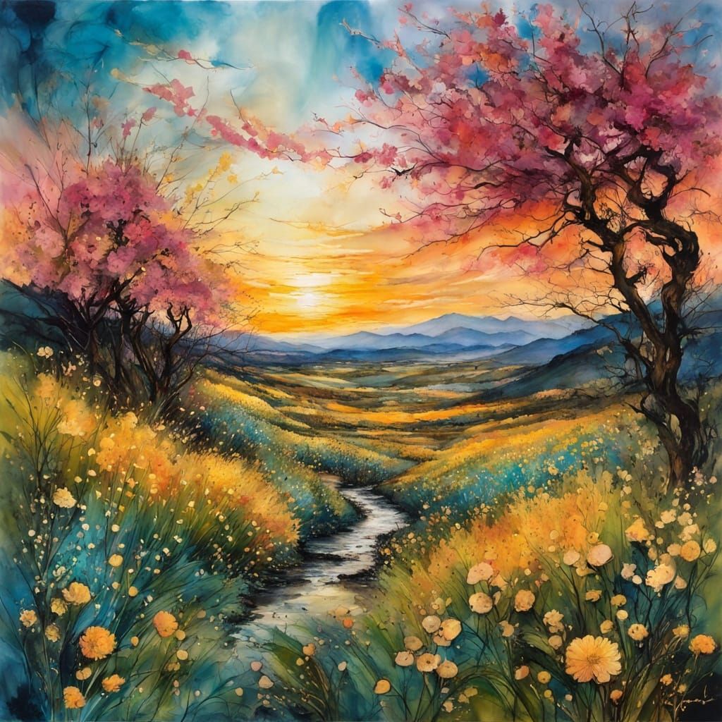 Encaustic spring landscape